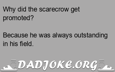 Why did the scarecrow get promoted? Because he was always outstanding in his field. - Dad Joke